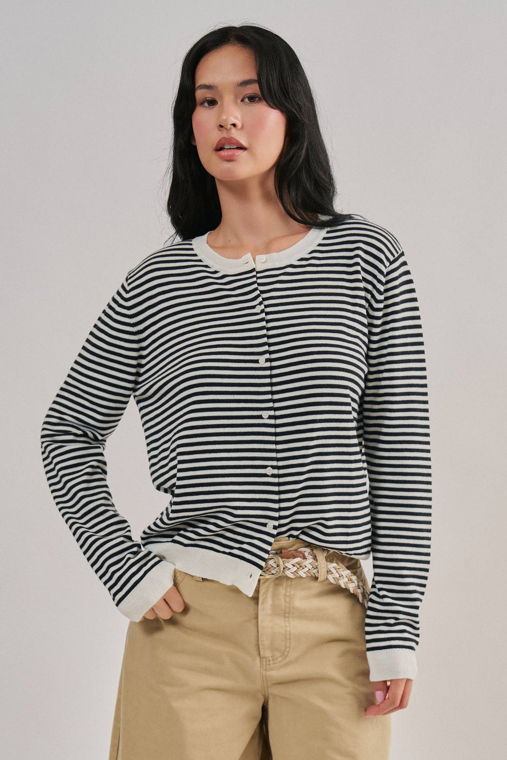Breton Striped Knit Button Front Cardigan