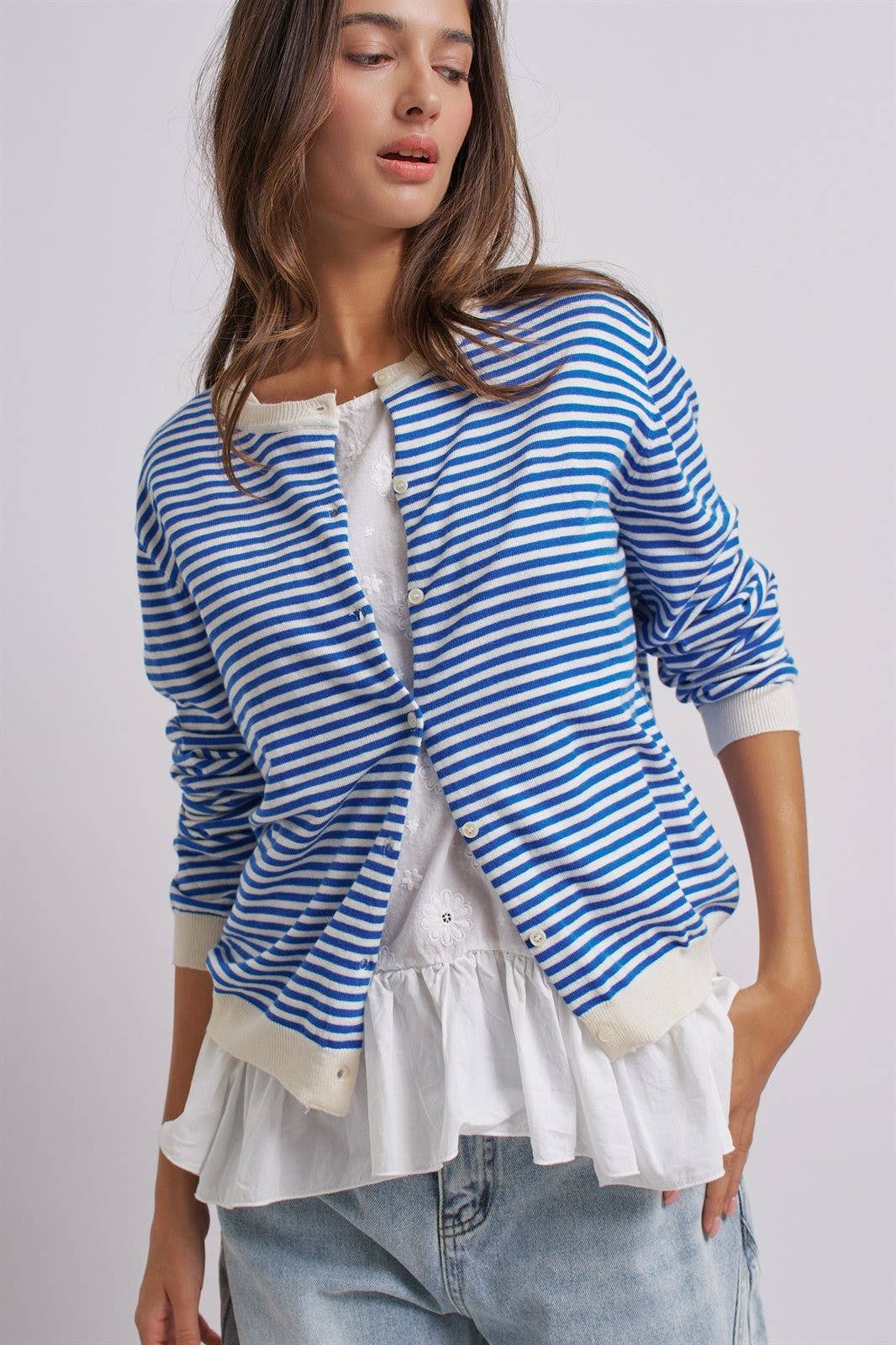 Breton Striped Knit Button Front Cardigan