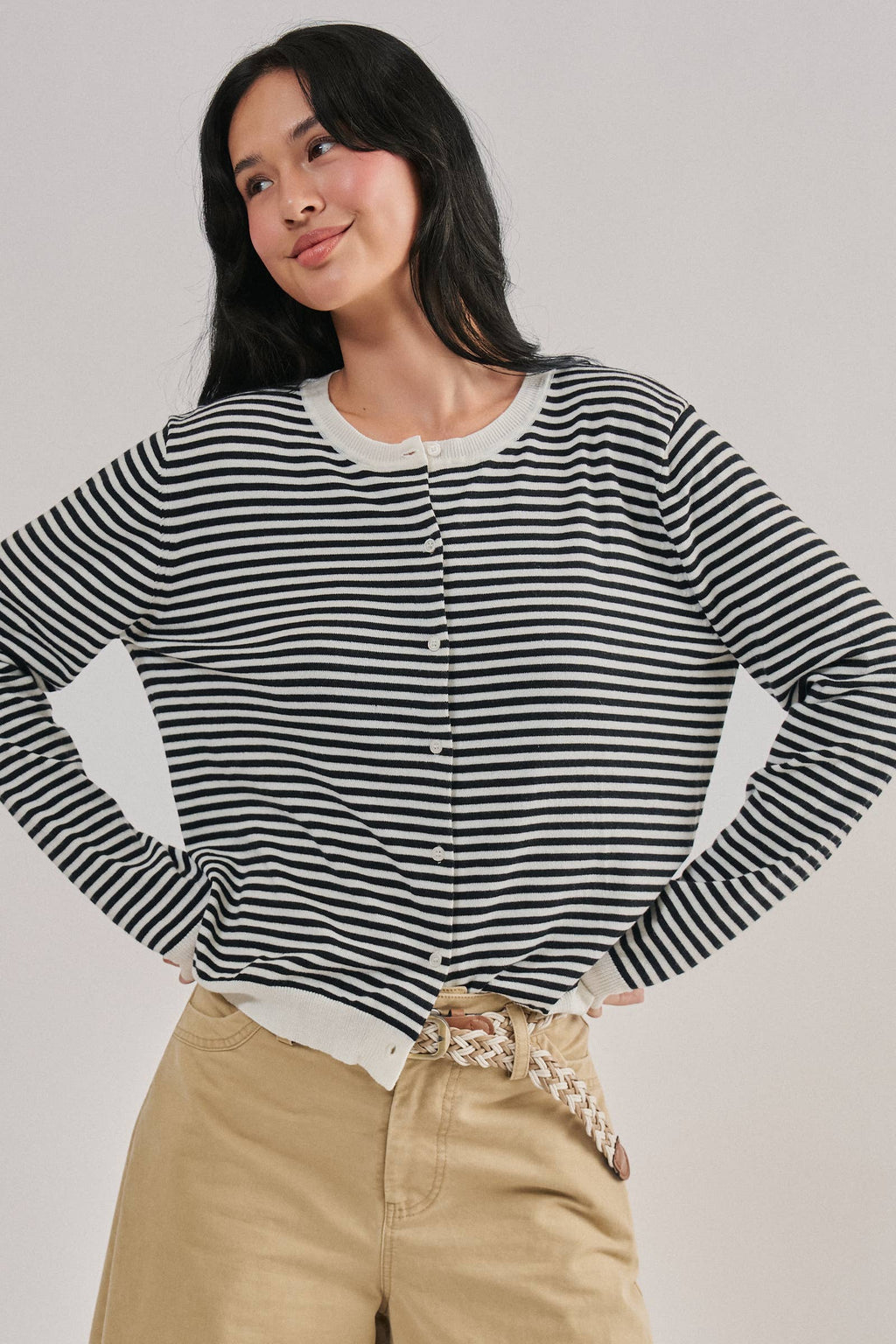 Breton Striped Knit Button Front Cardigan