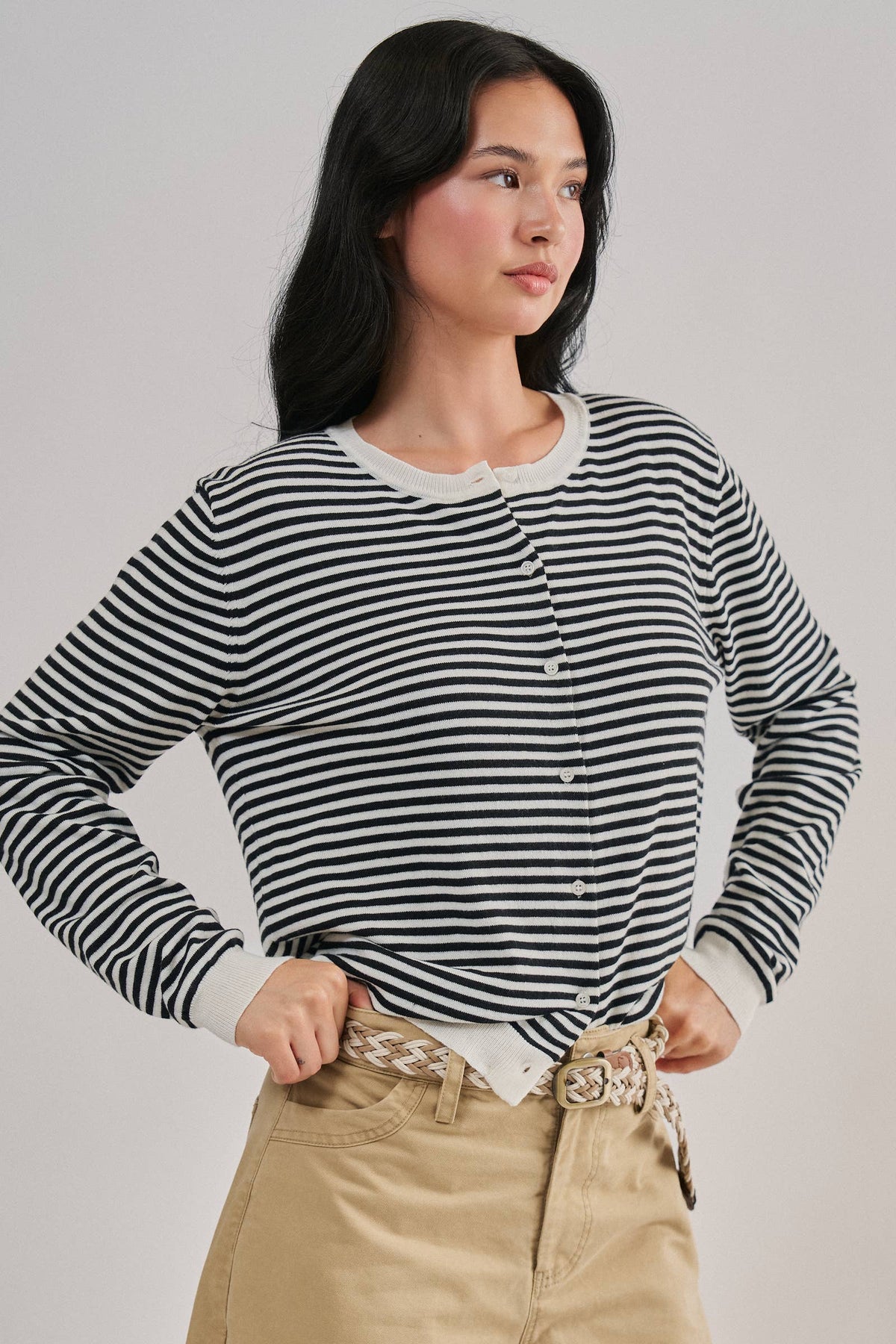 Breton Striped Knit Button Front Cardigan