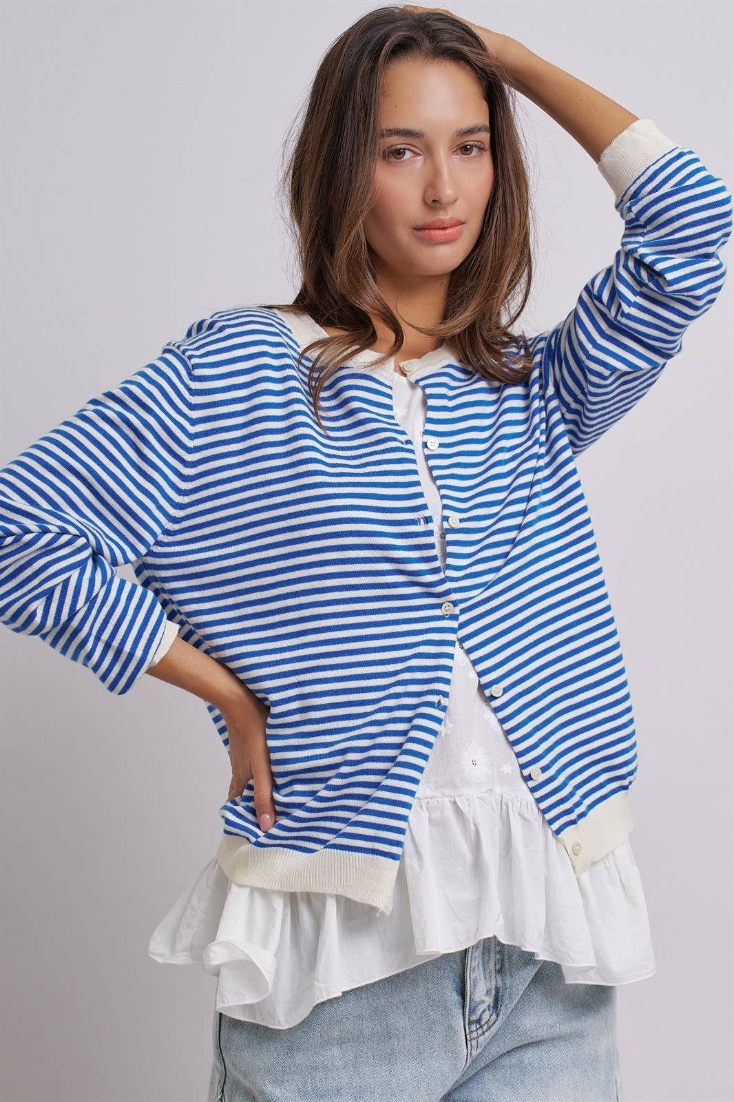Breton Striped Knit Button Front Cardigan