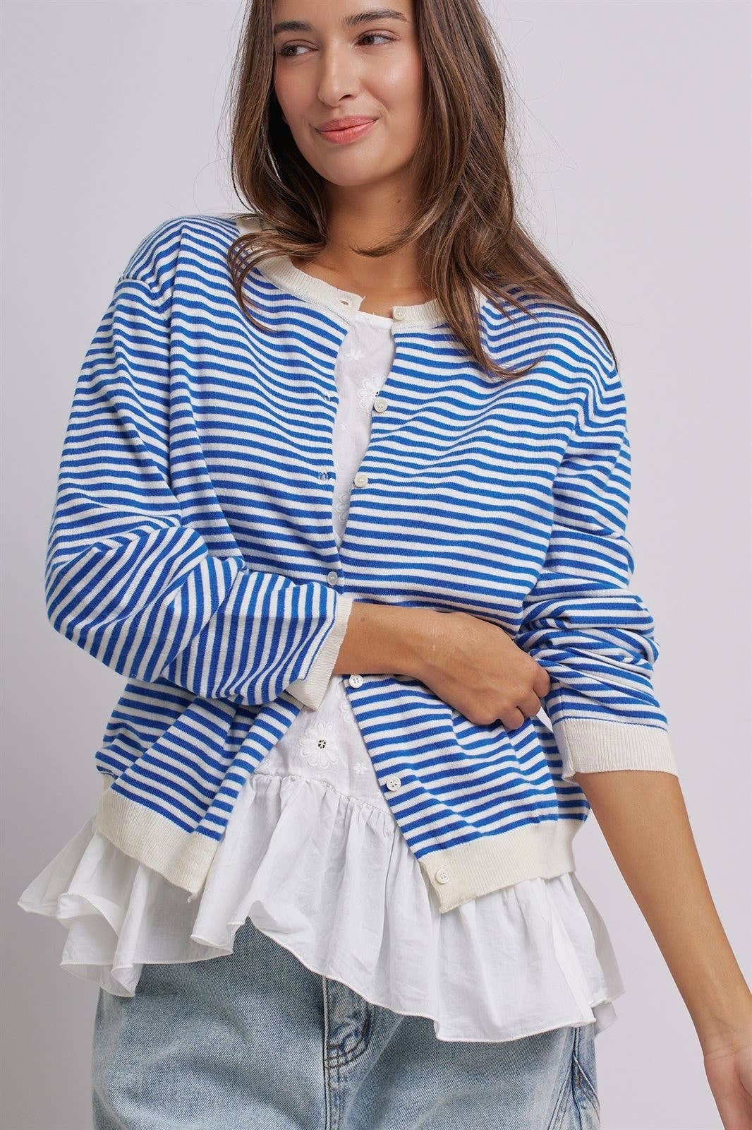 Breton Striped Knit Button Front Cardigan