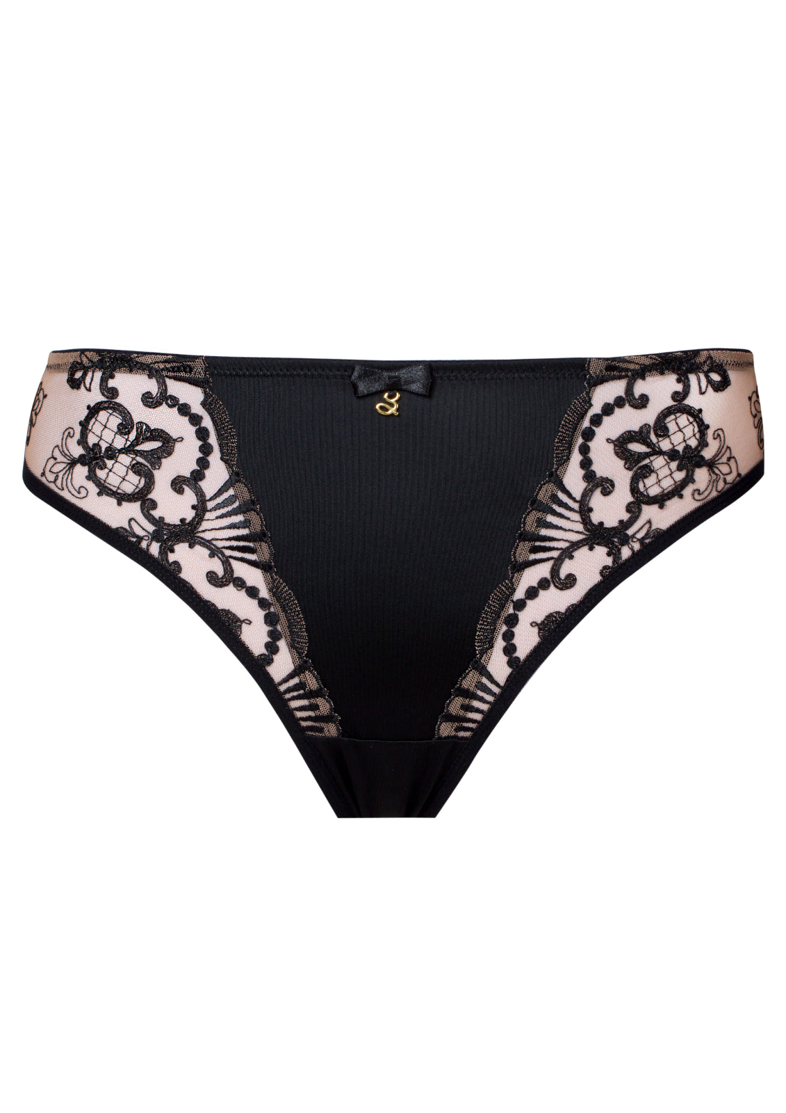 Perla black lace thong front