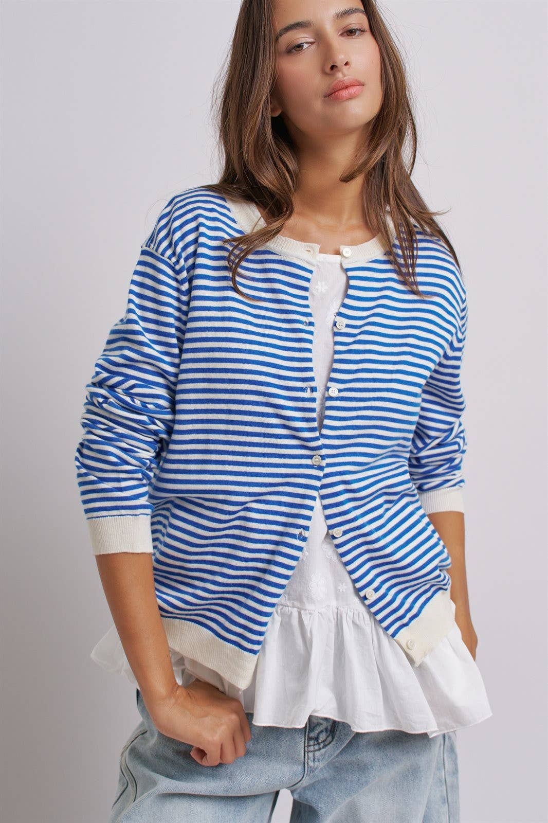 Breton Striped Knit Button Front Cardigan